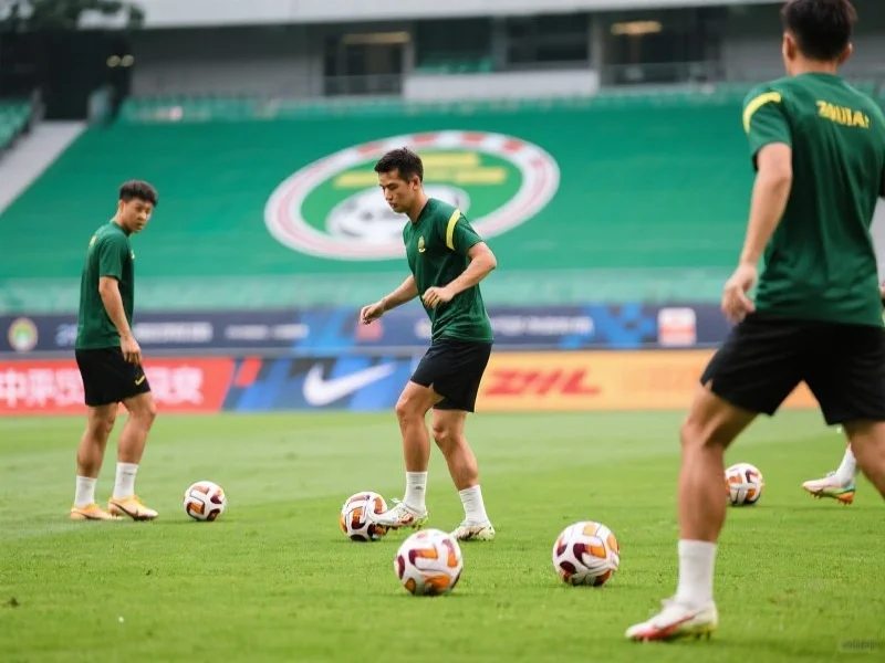 足球运动员在赛前热身，专注地进行控球训练，背景为绿茵场和赛场标志