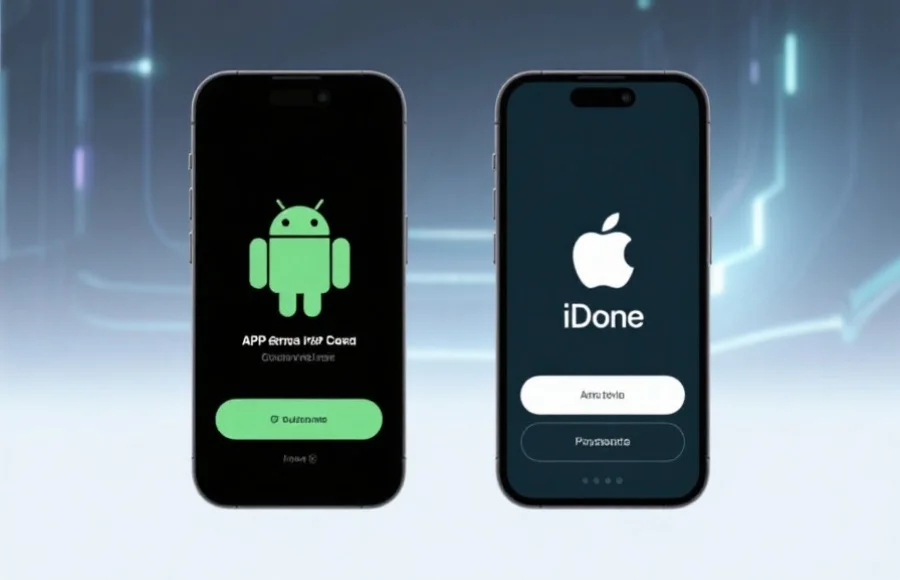 手机屏幕展示APP下载安装流程，左侧为安卓界面，右侧为iOS界面，背景简洁科技感