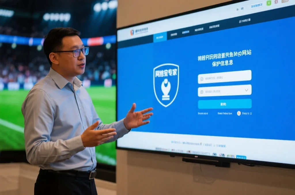 网络安全专家正在讲解如何识别钓鱼网站和保护个人信息，背景为体育娱乐平台登录页面