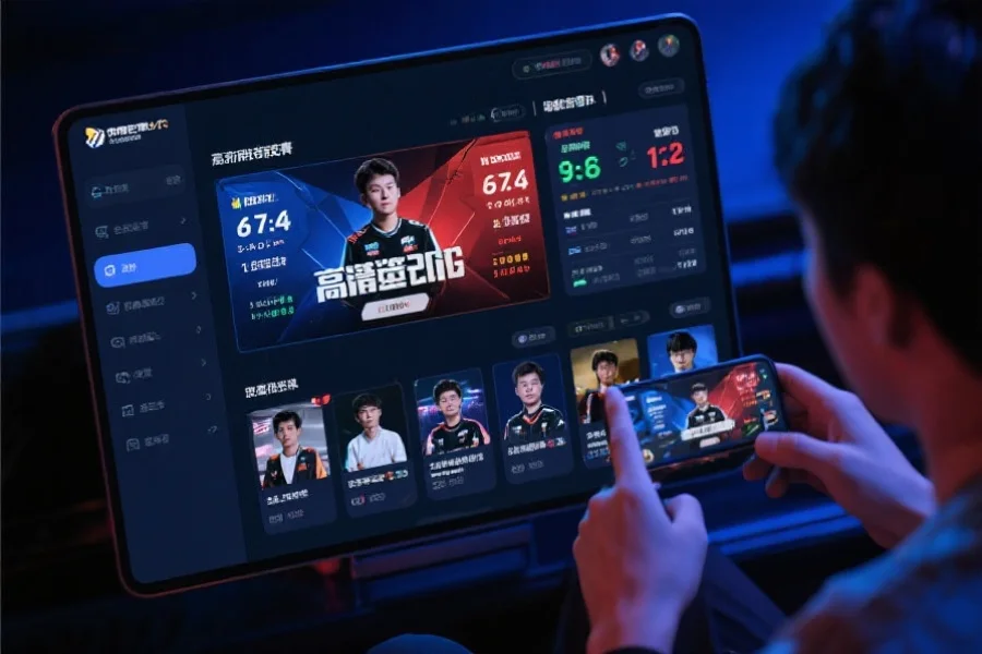 高清电竞赛事资讯界面，展示实时比分、赛事日程及选手精彩瞬间，用户正在浏览和互动