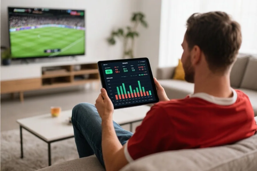 一个体育迷坐在现代客厅，使用平板电脑观看比赛直播，并浏览实时数据图表界面